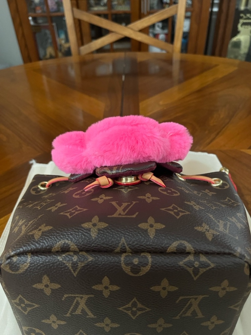 Chic Brown Bucket Backpack Bag with Pink Fur Flower Charm! - Picture 9 of 9